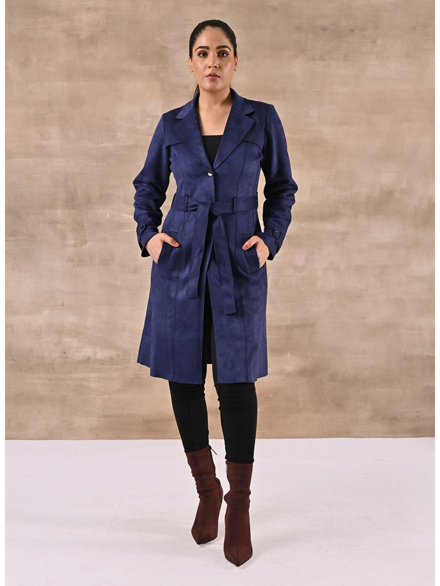 navy blue long over coat with notch collar and slant pockets