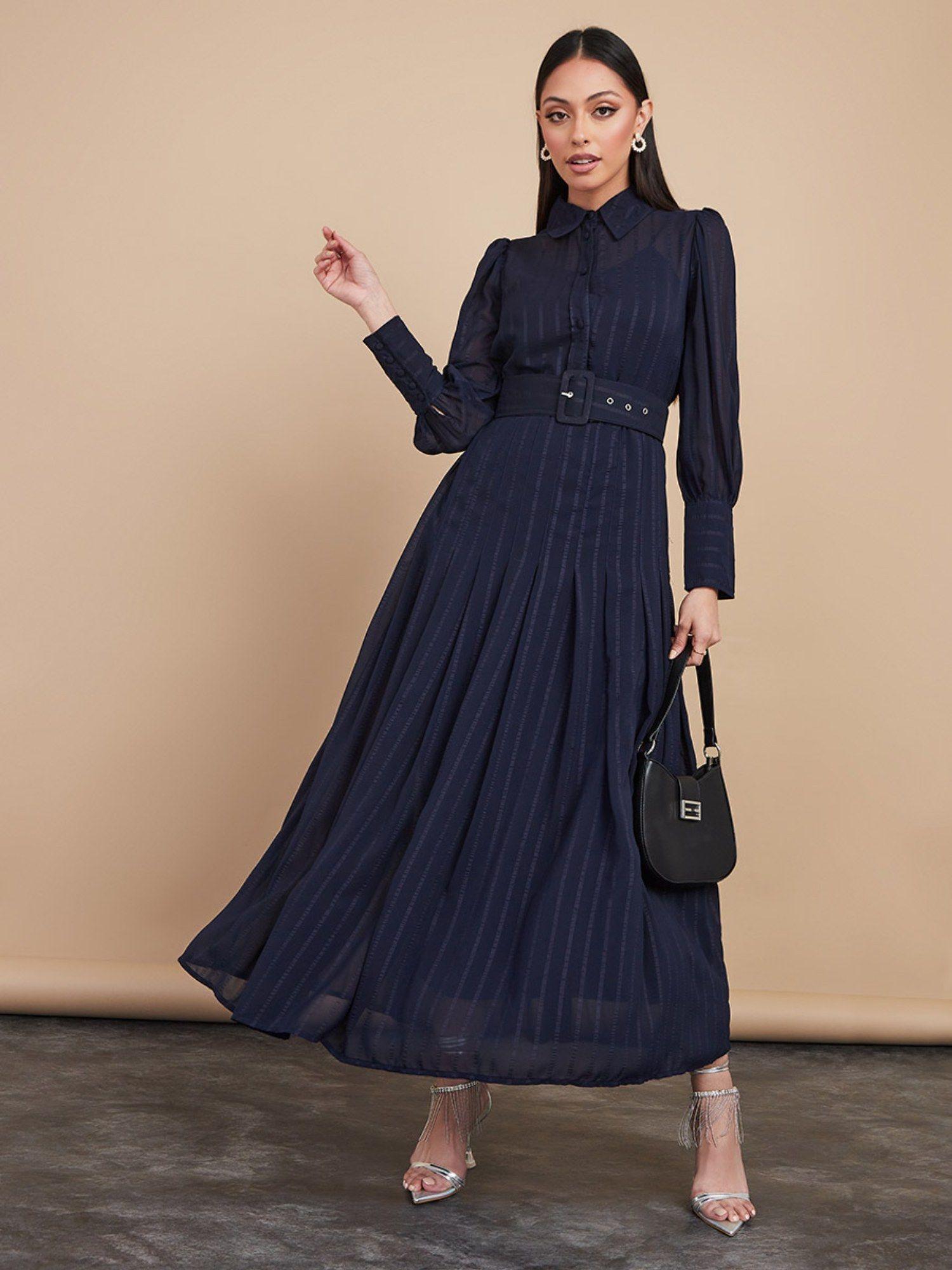 navy blue long sleeves collared belted a-line maxi dress (set of 2)