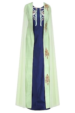 navy blue long tunic with apple green floral motifs jacket