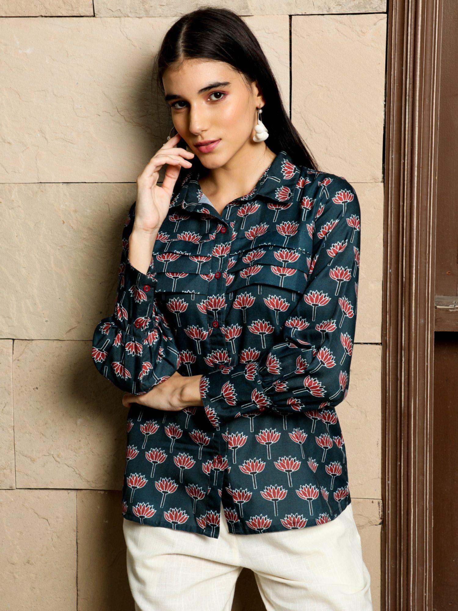 navy blue lotus print full sleeve shirt