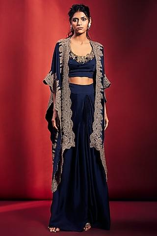 navy blue magnum satin dori embroidered cape set