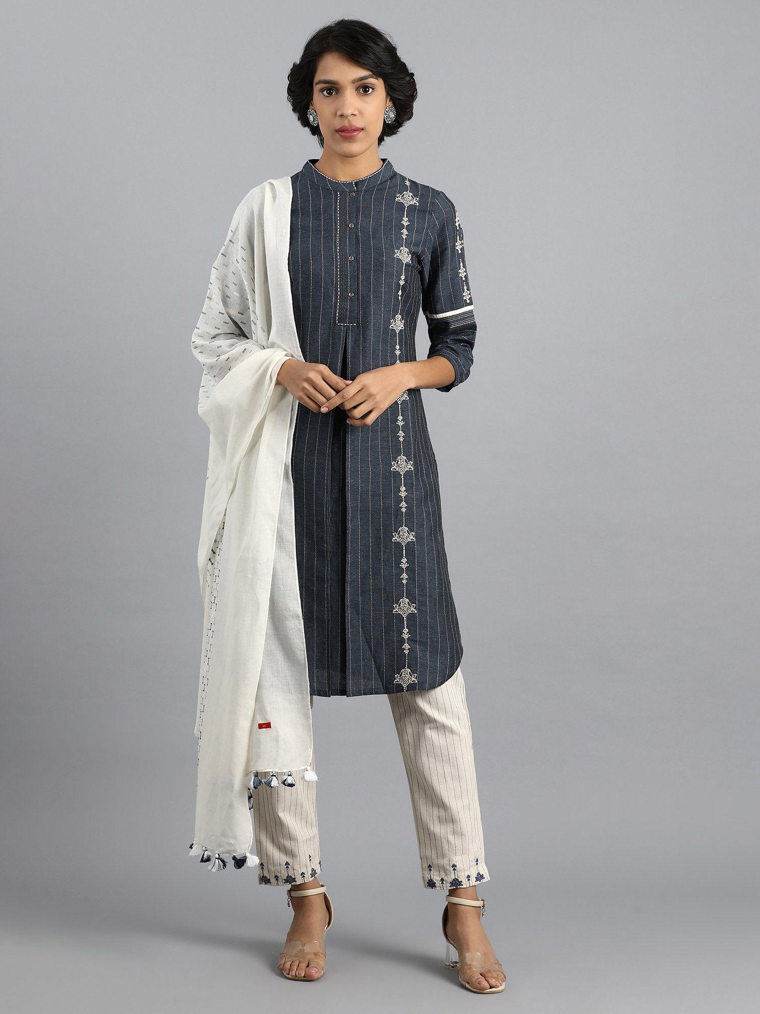 navy blue mandarin neck printed kurta