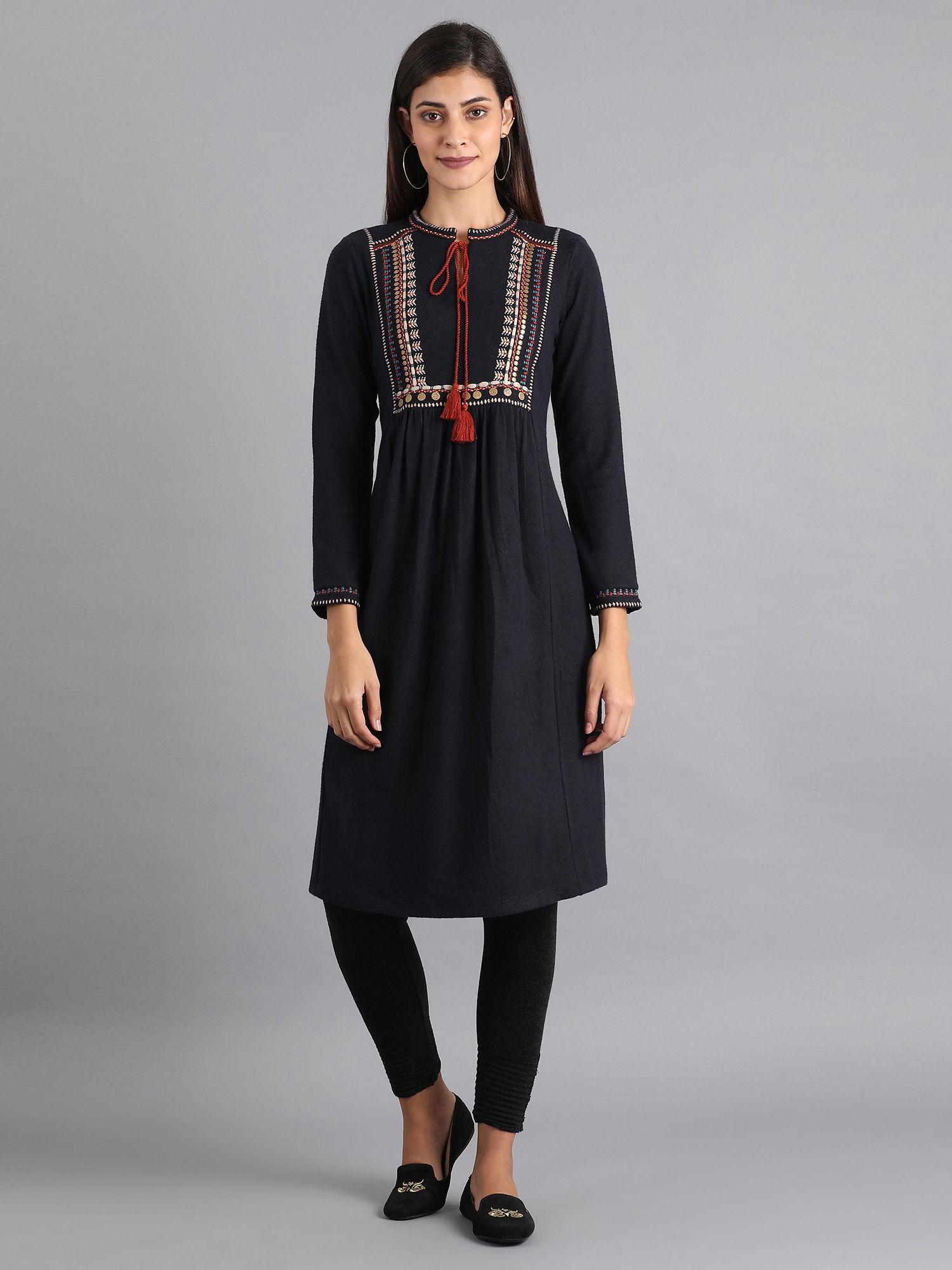 navy blue mandarin neck winter kurta