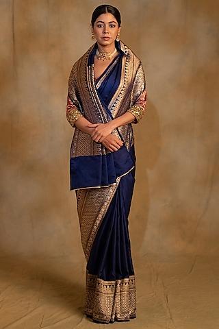 navy blue mashru silk banarasi handwoven saree