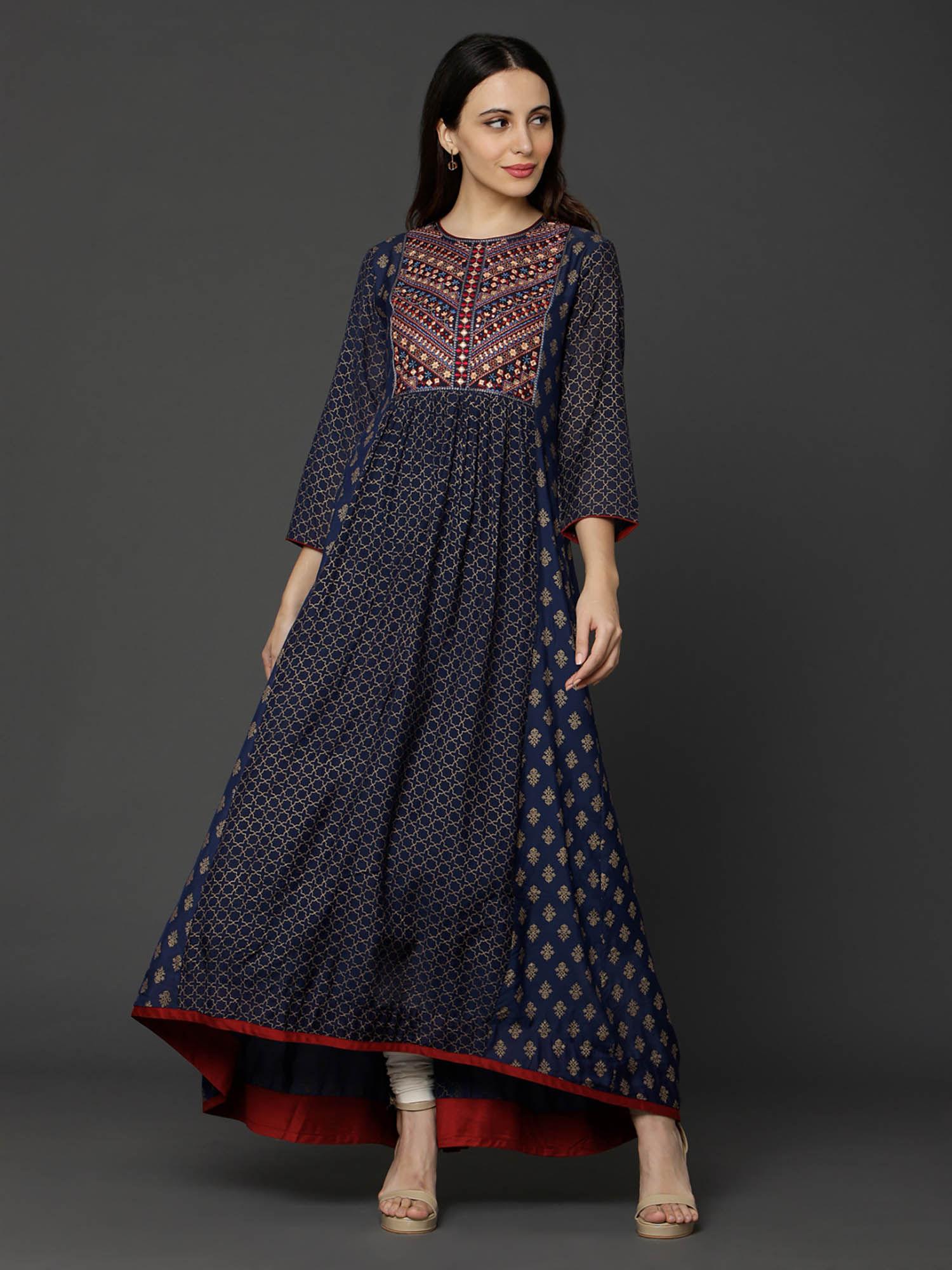 navy blue maslin print & embroidered kurta