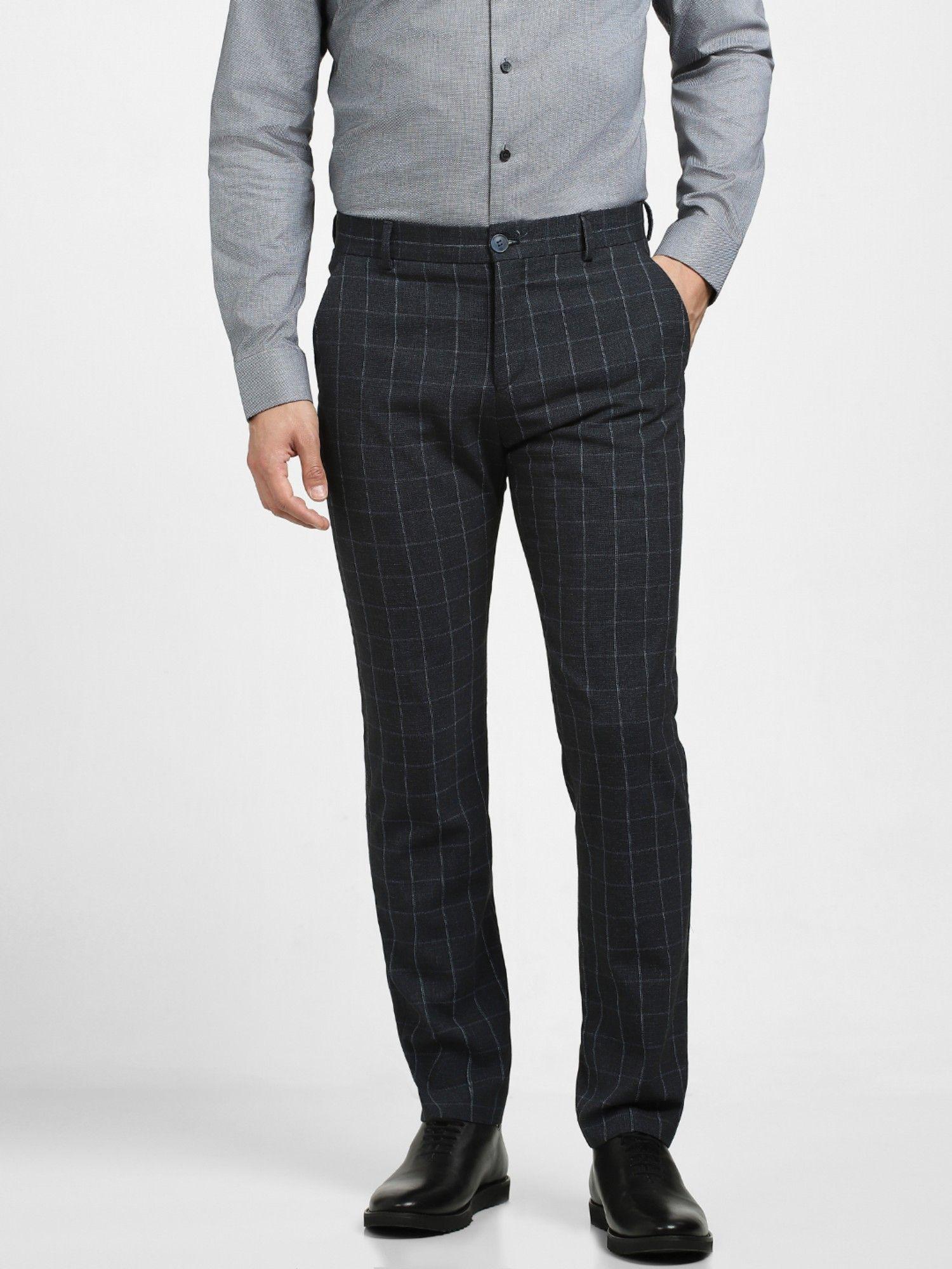 navy blue mid rise check suit-set trousers