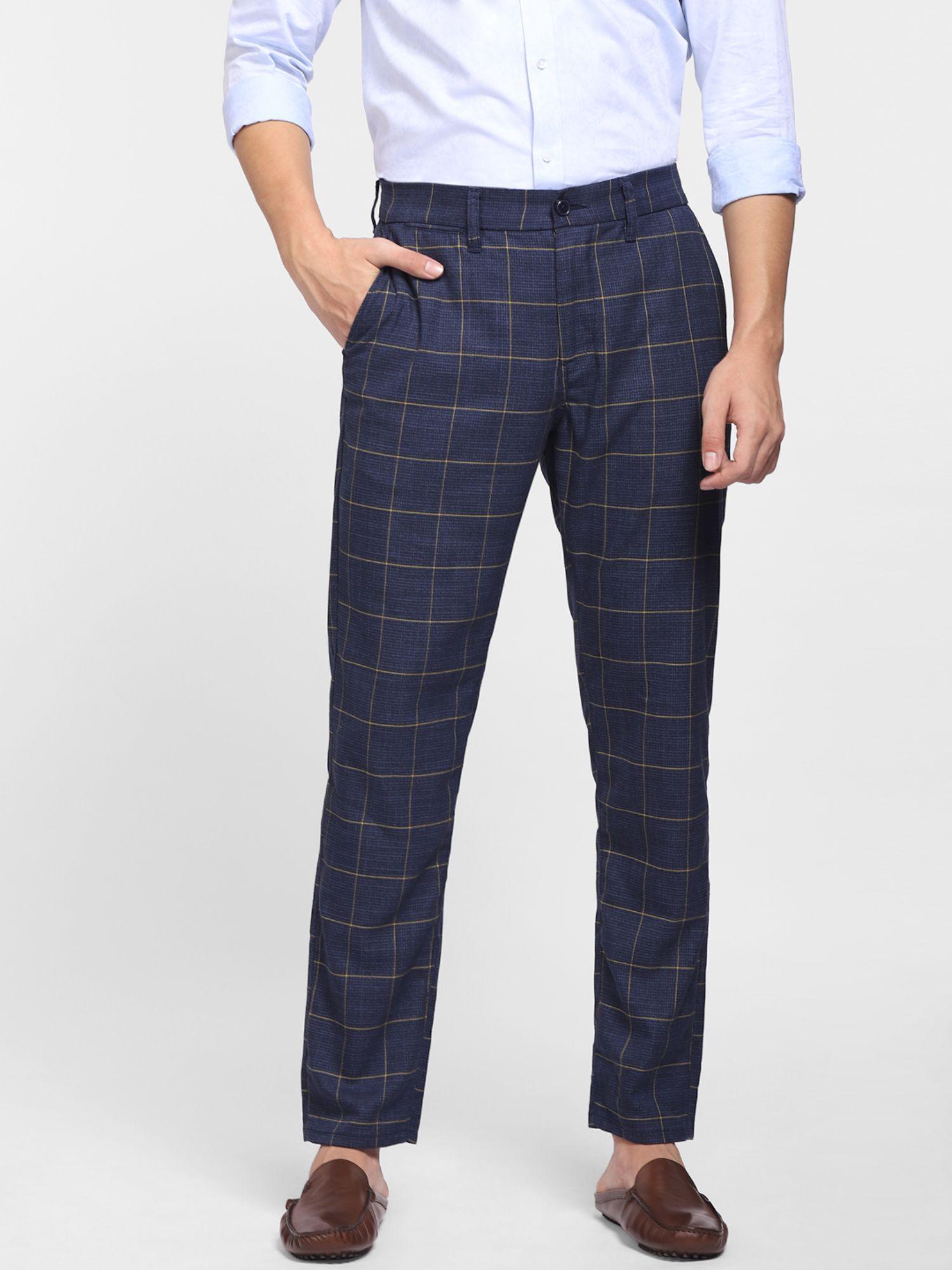 navy blue mid rise check trousers