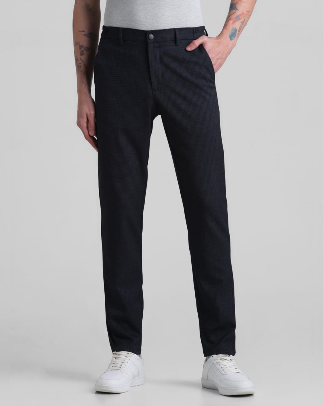 navy blue mid rise check trousers