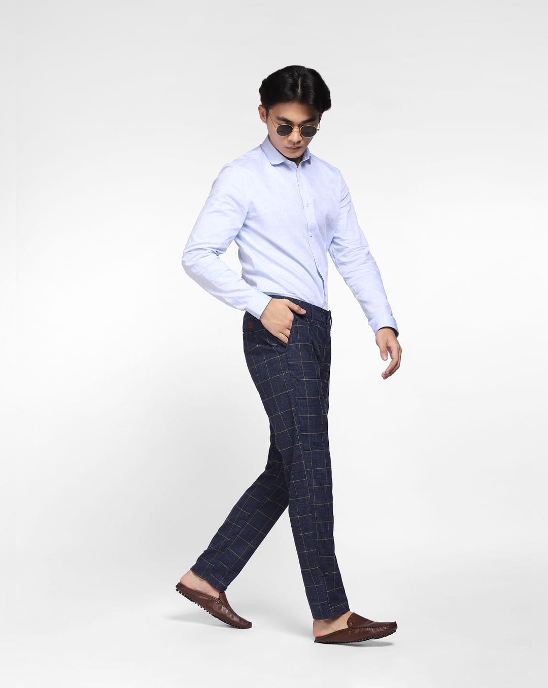 navy blue mid rise check trousers