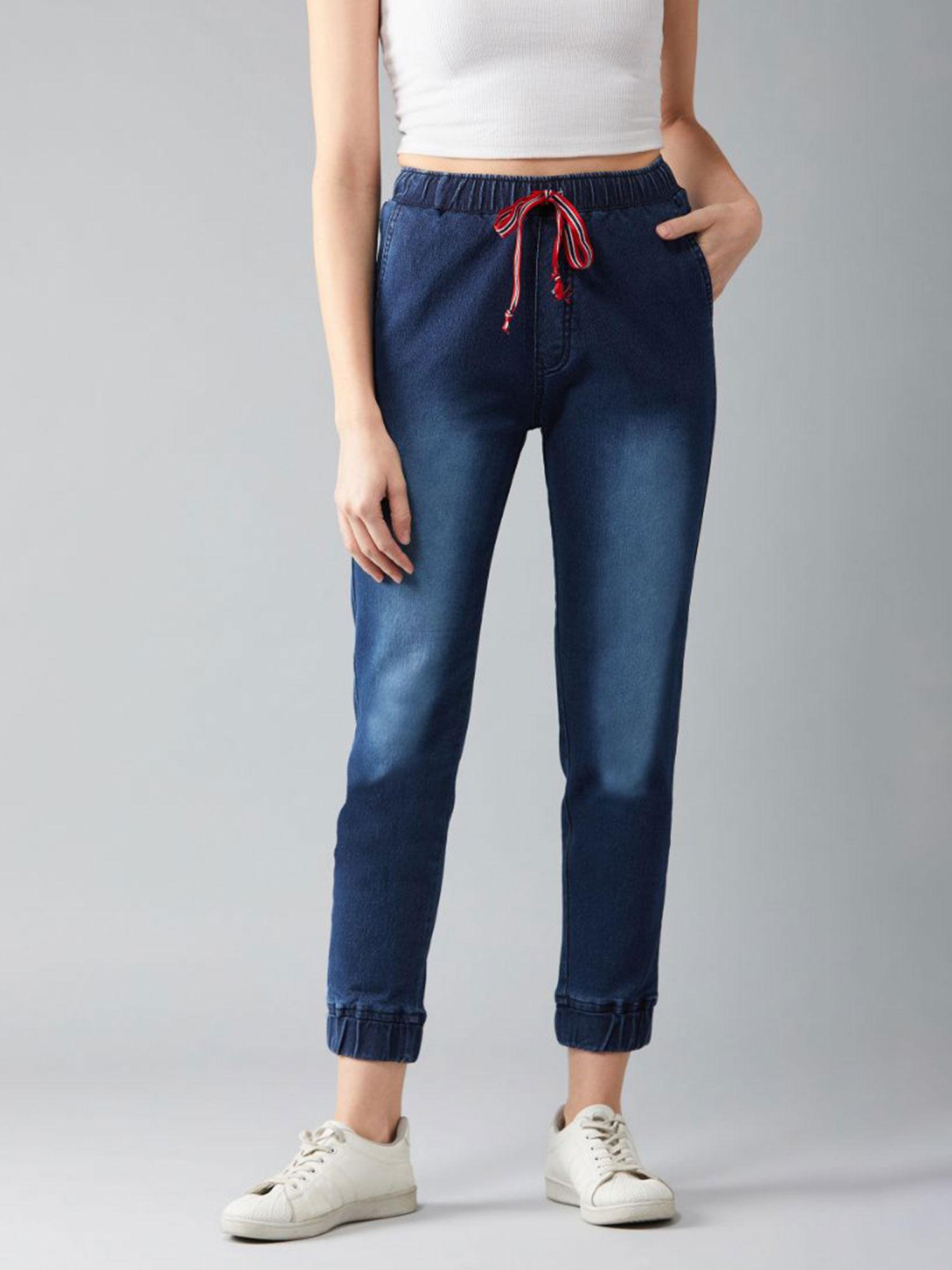 navy blue mid rise denim jogger pants