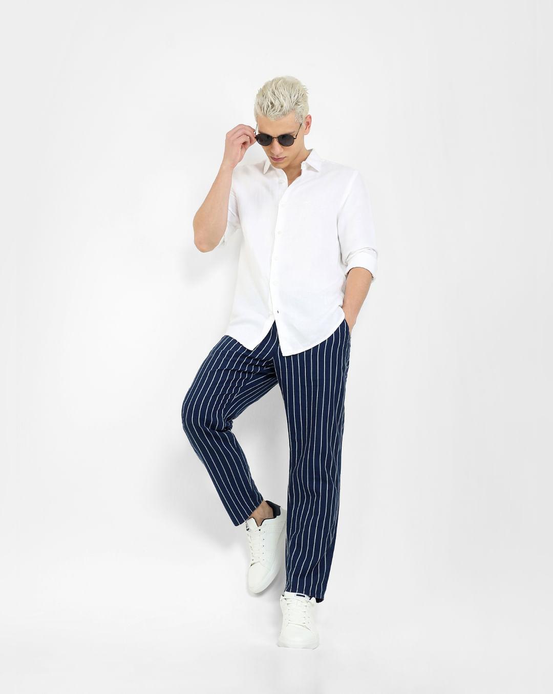 navy blue mid rise striped pants