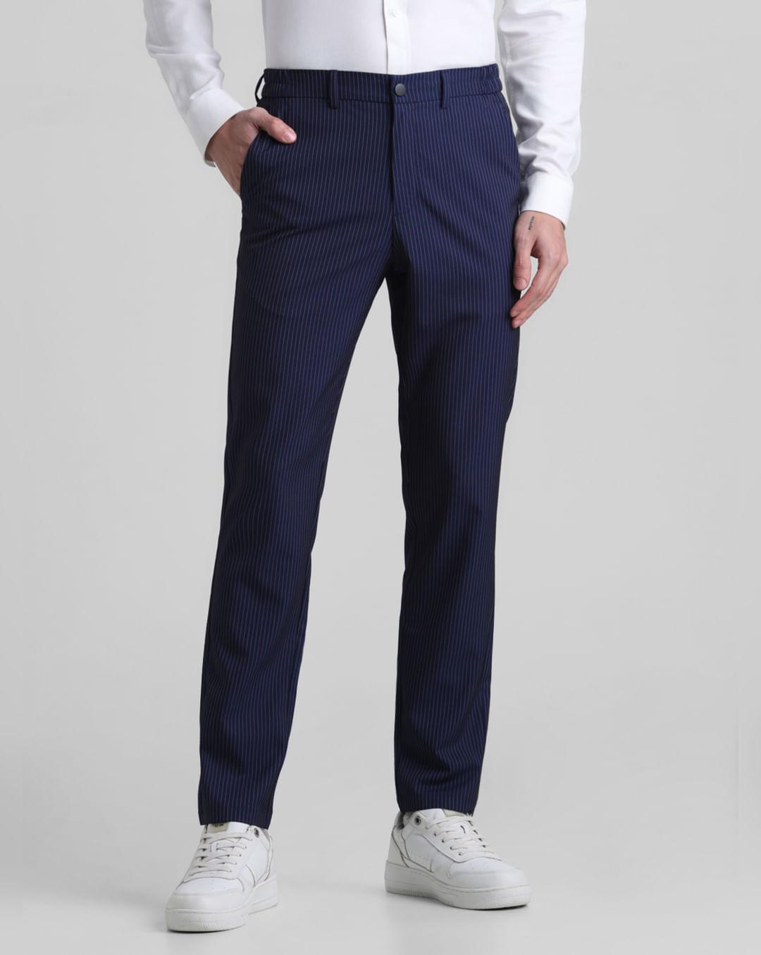 navy blue mid rise striped trousers