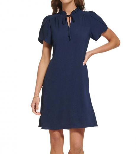 navy blue mockneck envelope sleeve dress