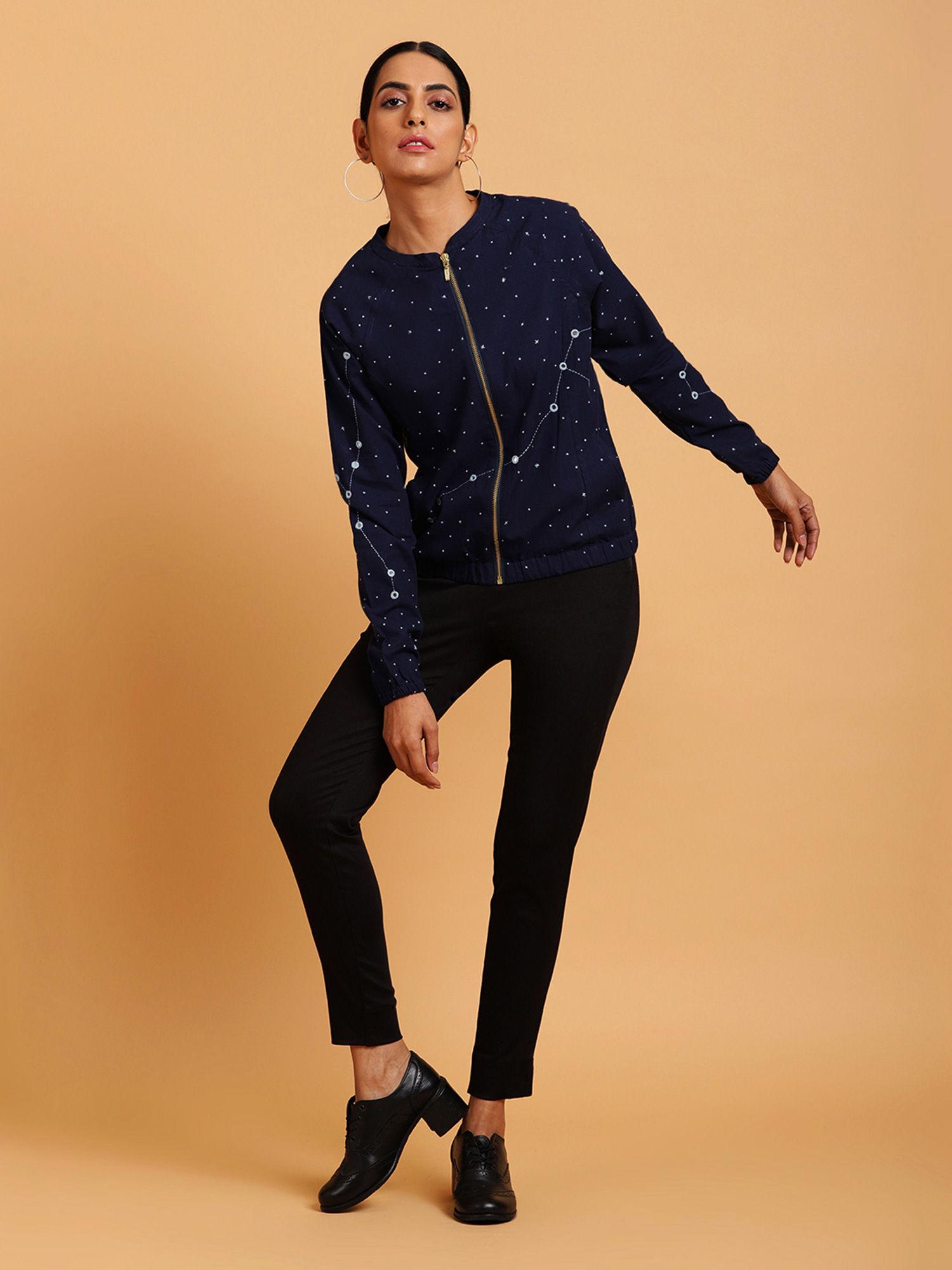 navy blue moonlight embroidered cotton bomber jacket