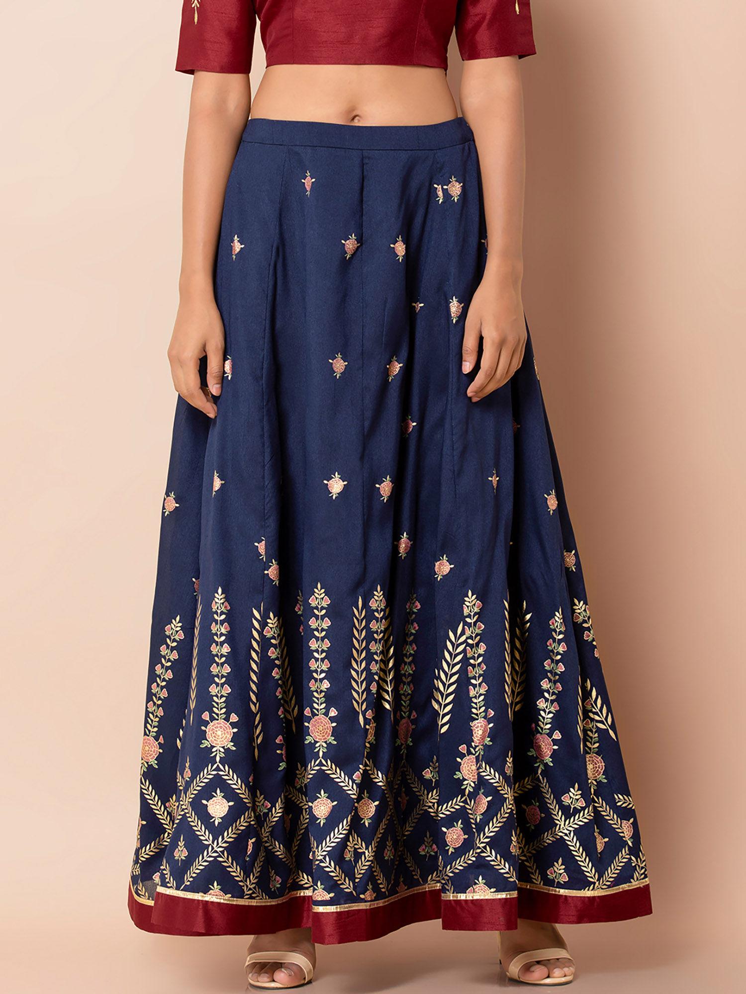 navy blue mughal foil print maxi skirt