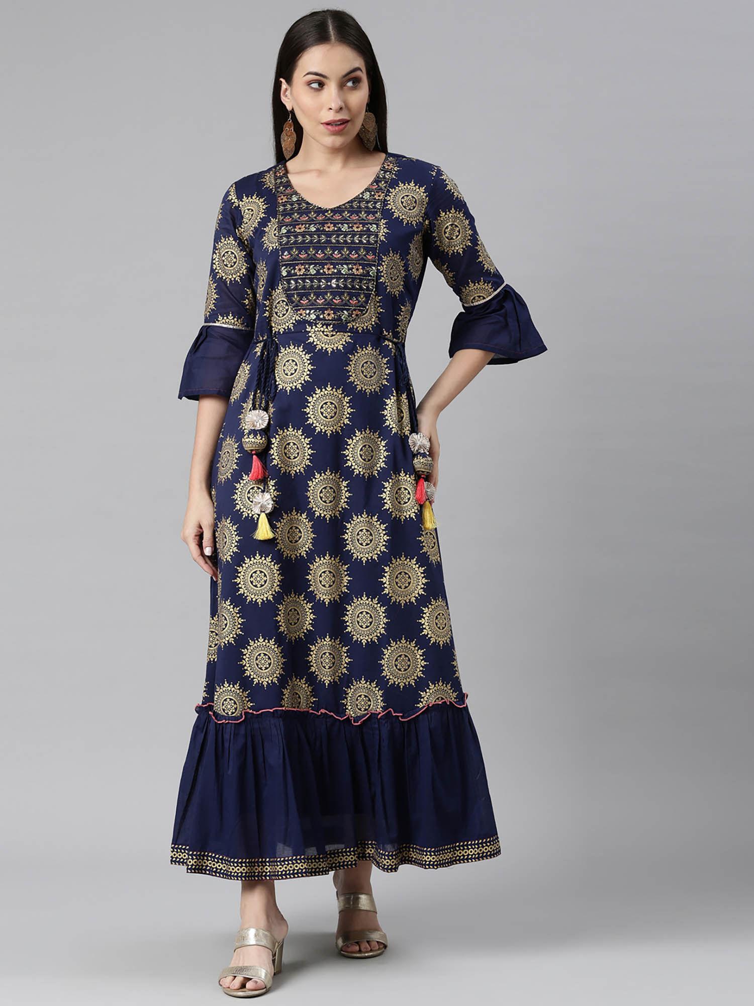 navy blue mul round neck dress