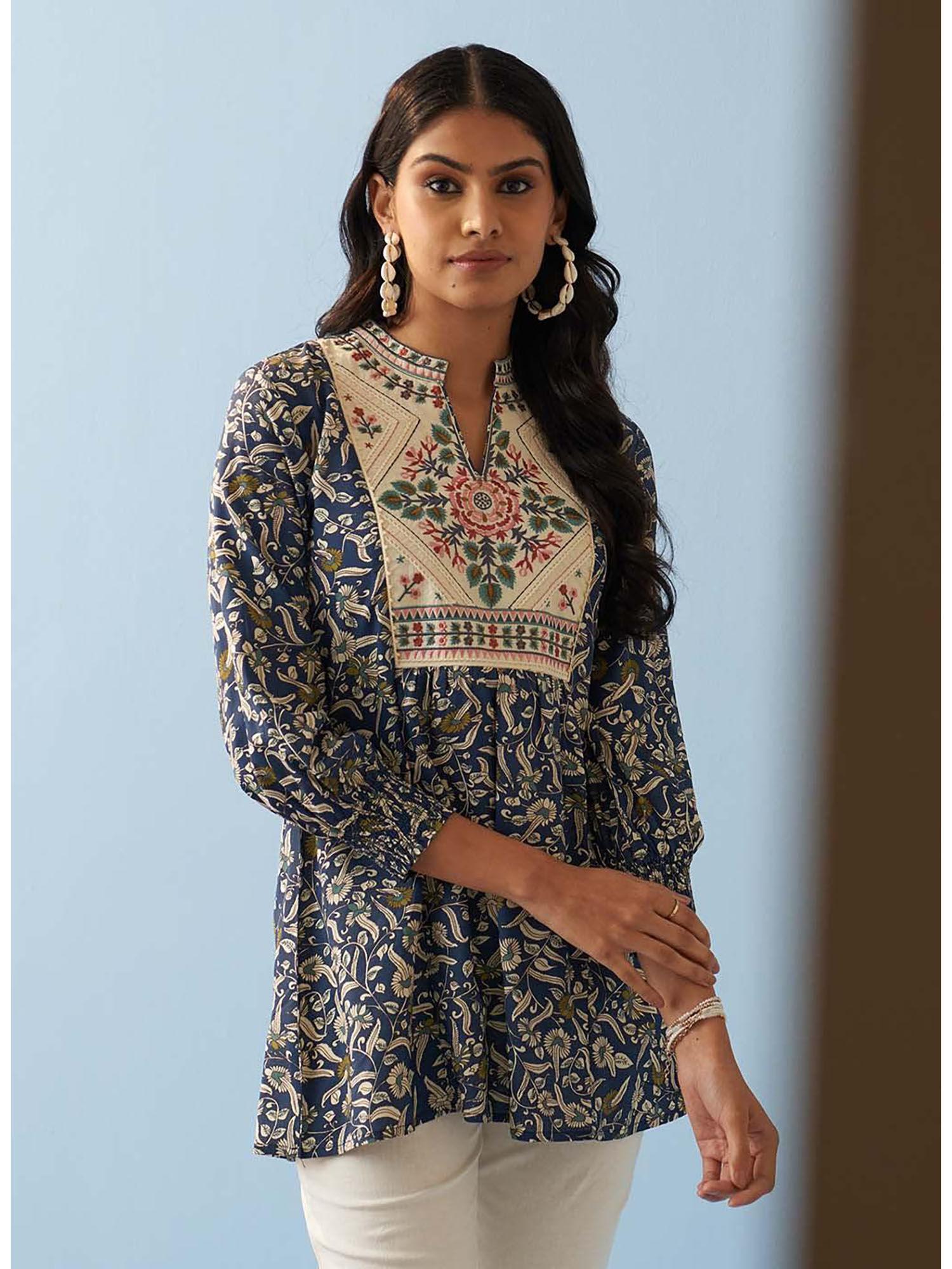 navy blue multi-color printed short tunic with yoke embroidery