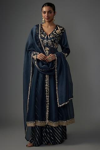 navy blue mushroom satin & organza embroidered anarkali set