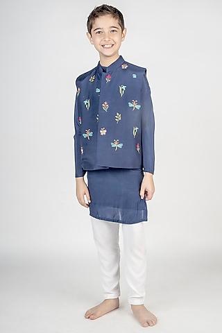 navy blue muslin hand embroidered nehru jacket set for boys