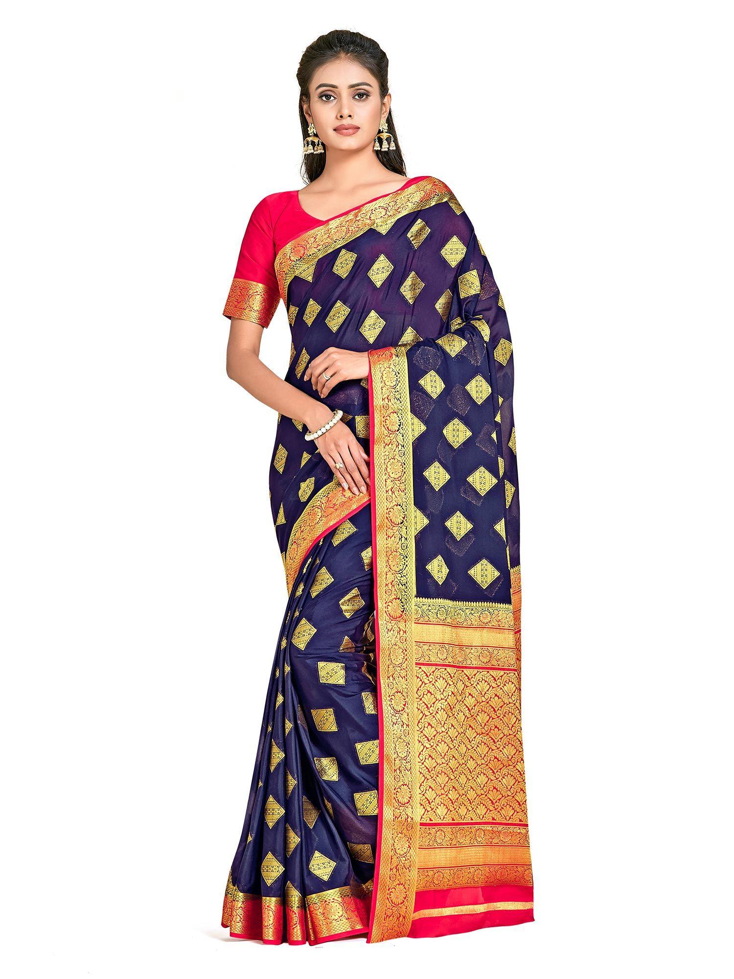 navy blue mysore silk style crepe saree with unstitched blouse