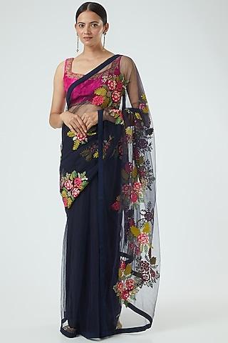 navy blue net & georgette floral embroidered saree set