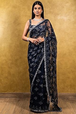 navy blue net floral sequins embroidered saree set