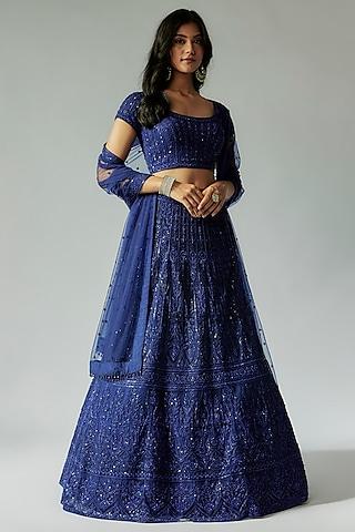 navy blue net hand embroidered lehenga set