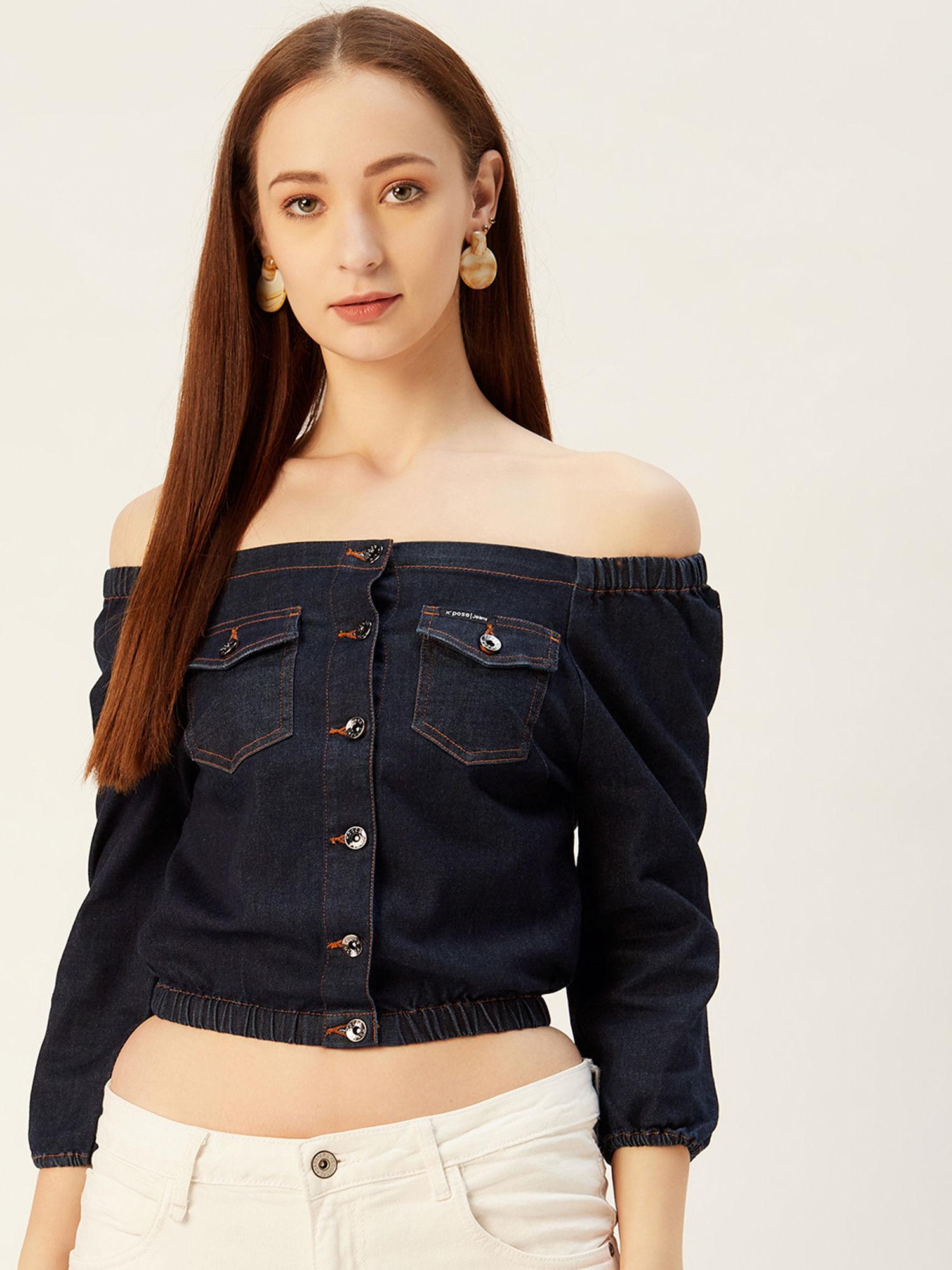 navy blue off-shoulder pure cotton denim bardot top