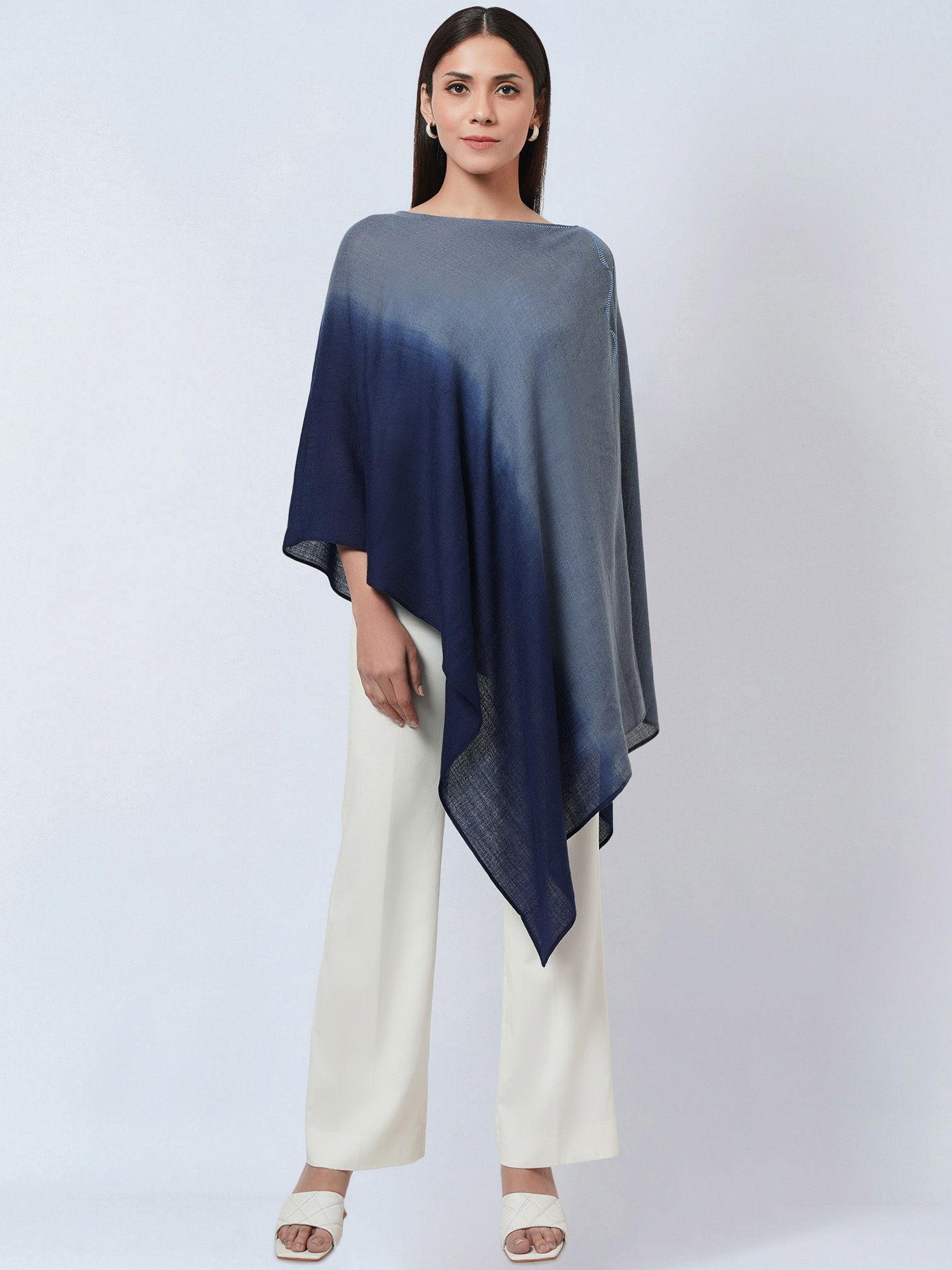 navy blue ombre asymmetrical embellished cashmere poncho