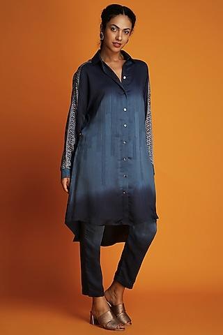 navy blue ombre block-printed ombre shirt tunic set