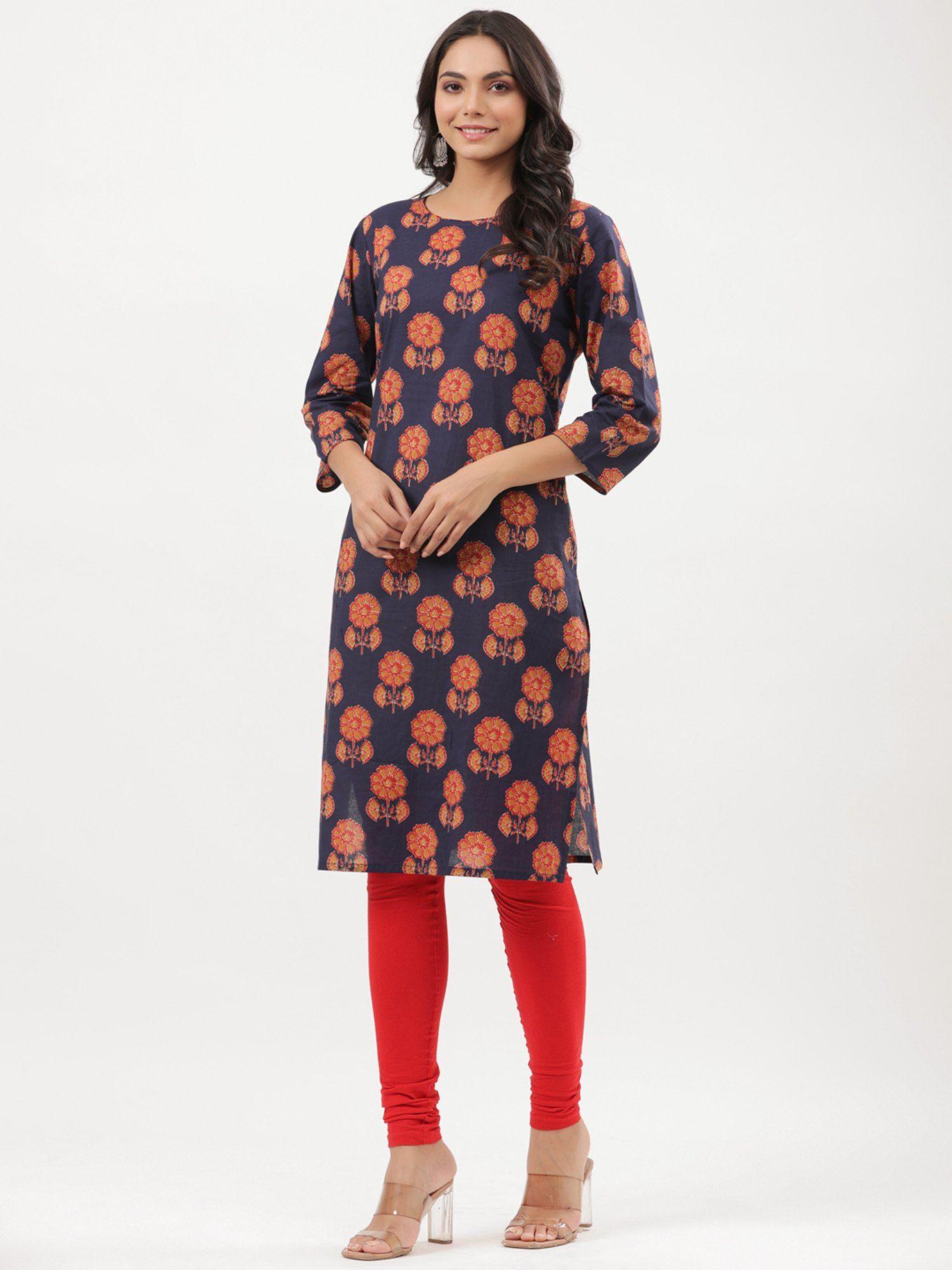 navy blue on blossom printed straight kurta