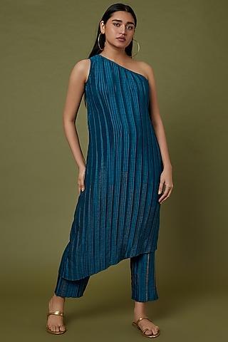navy blue one shoulder pleated tunic