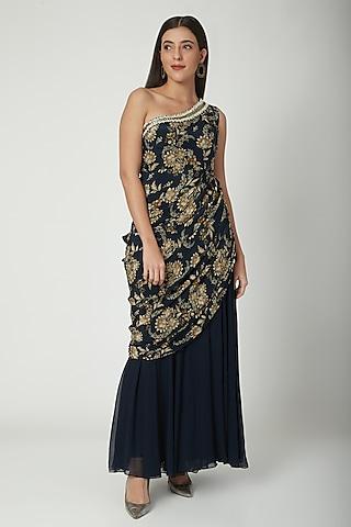 navy blue one shoulder saree gown