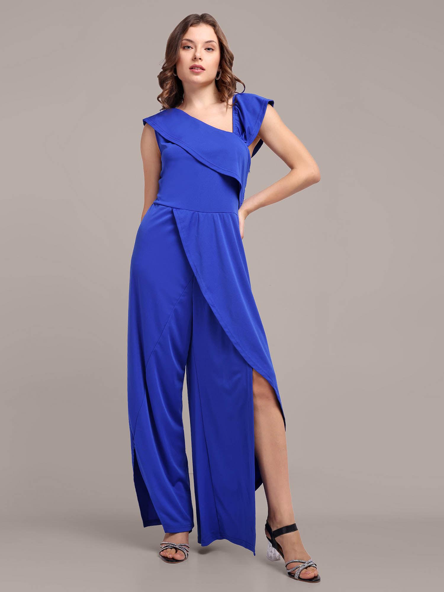 navy blue one-side ruffle wide-leg jumpsuit