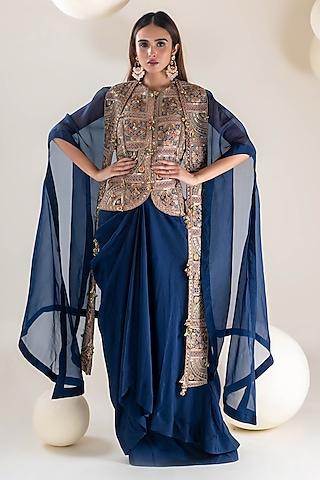 navy blue organza dori & resham hand embroidered cape set