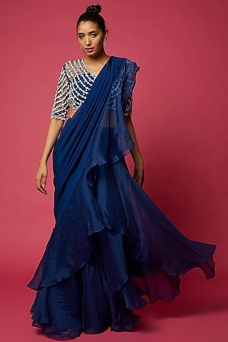 navy blue organza draped ruffle saree set