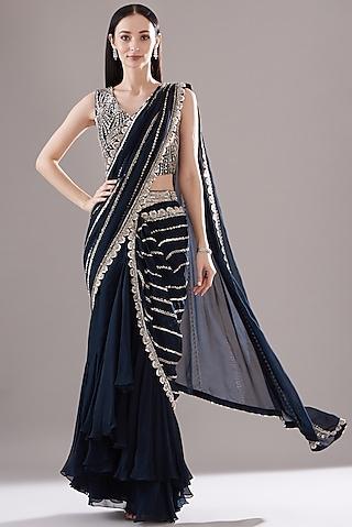 navy blue organza embroidered draped saree set