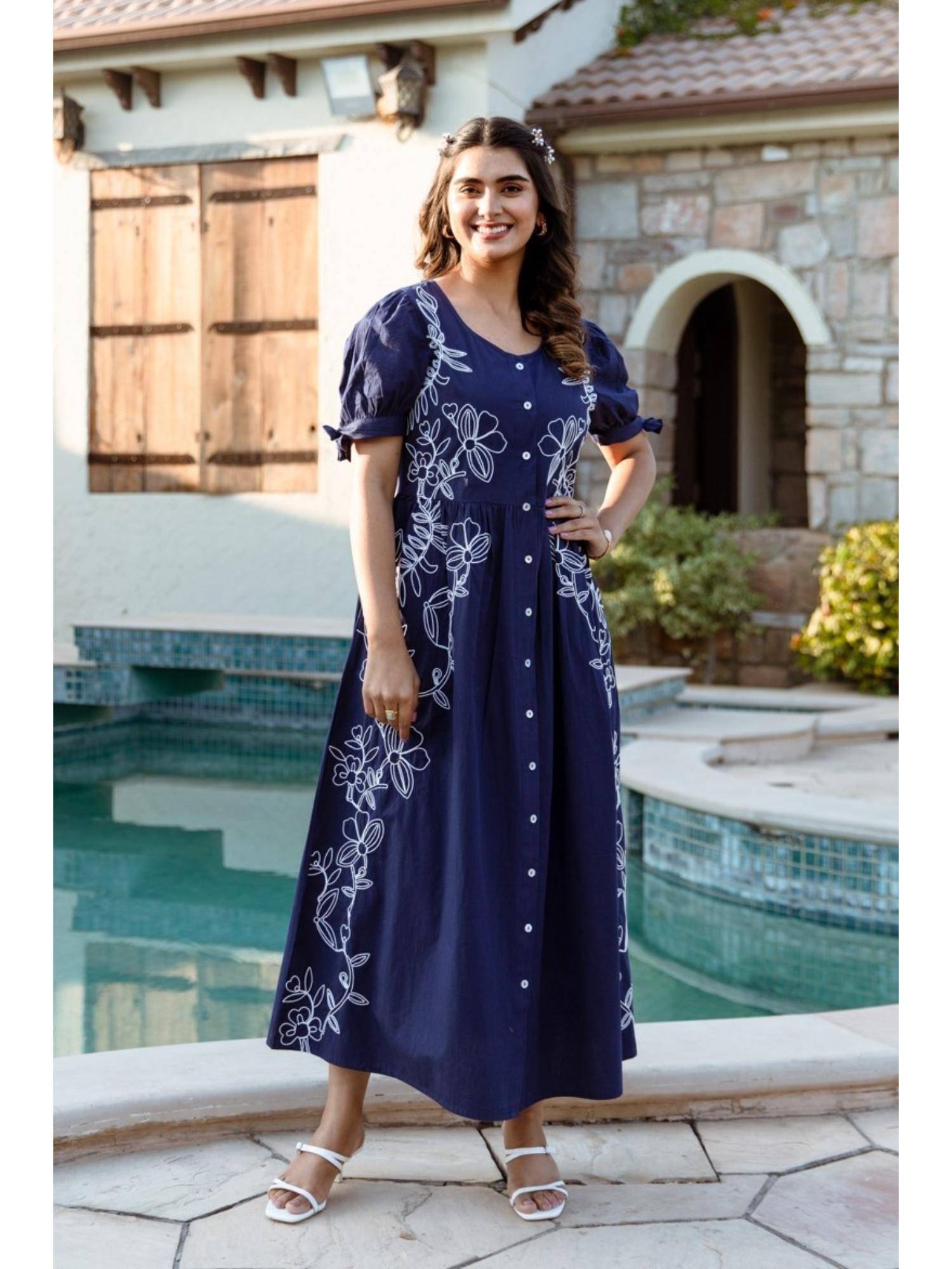 navy blue osho yale embroidery cotton dress