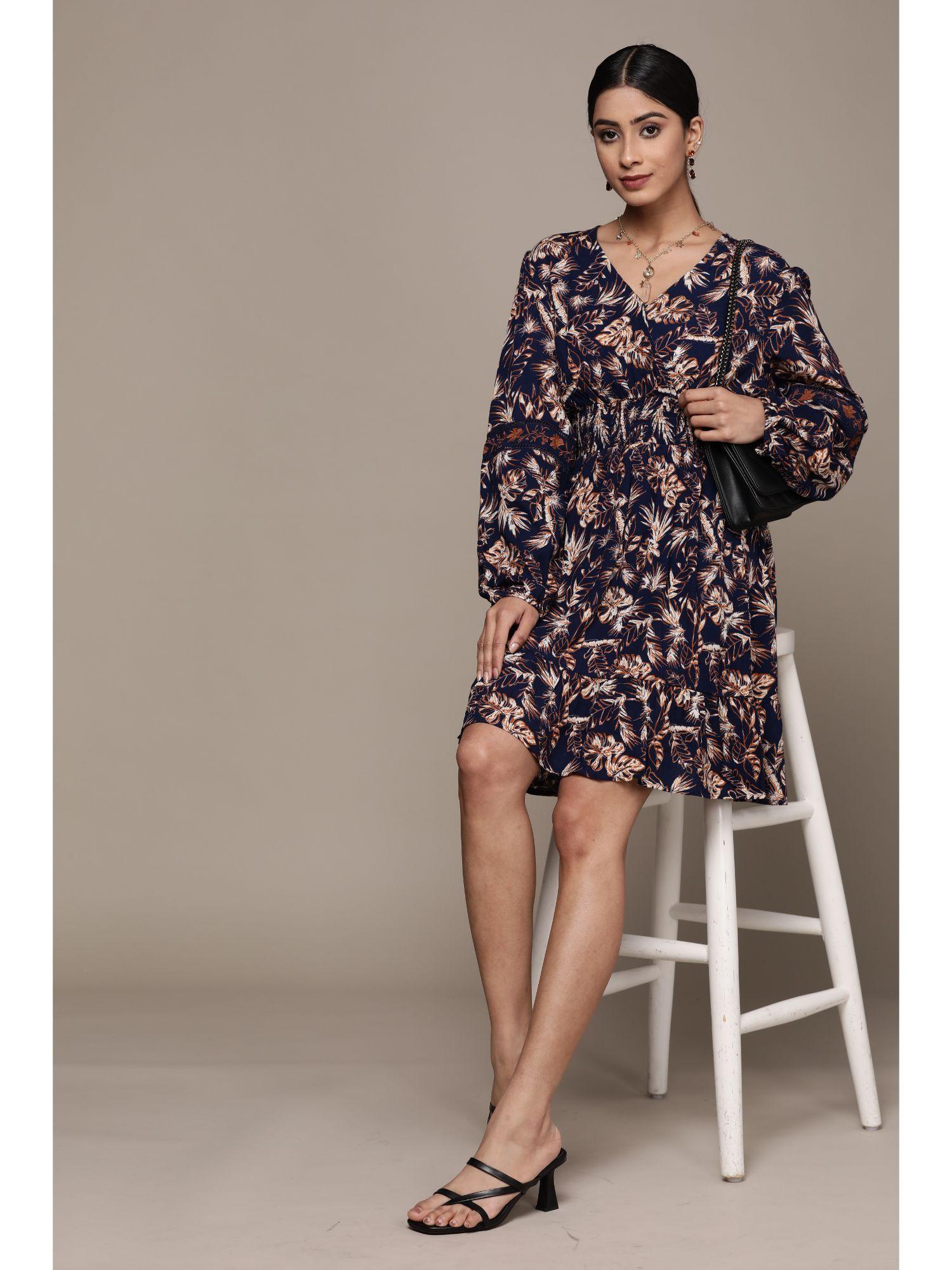 navy blue paisley printed knee length dress