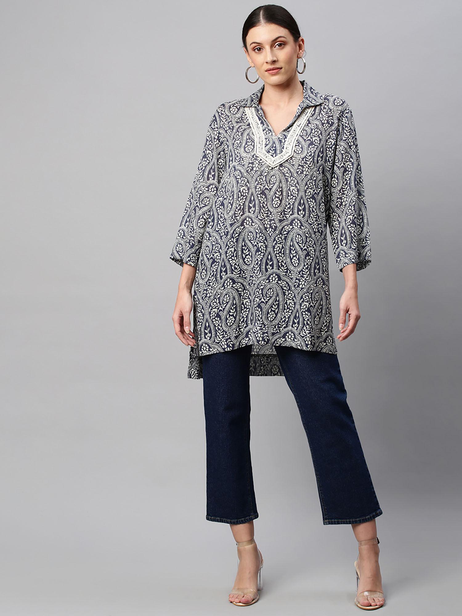 navy blue paisley printed modal kurta with embroidery