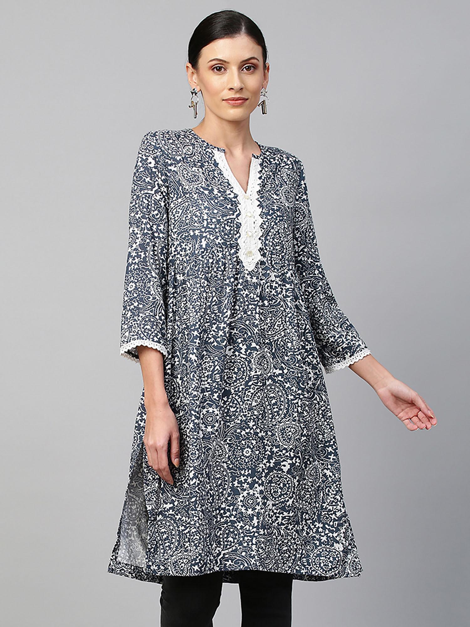 navy blue paisley printed rayon kurta with crochet trimming