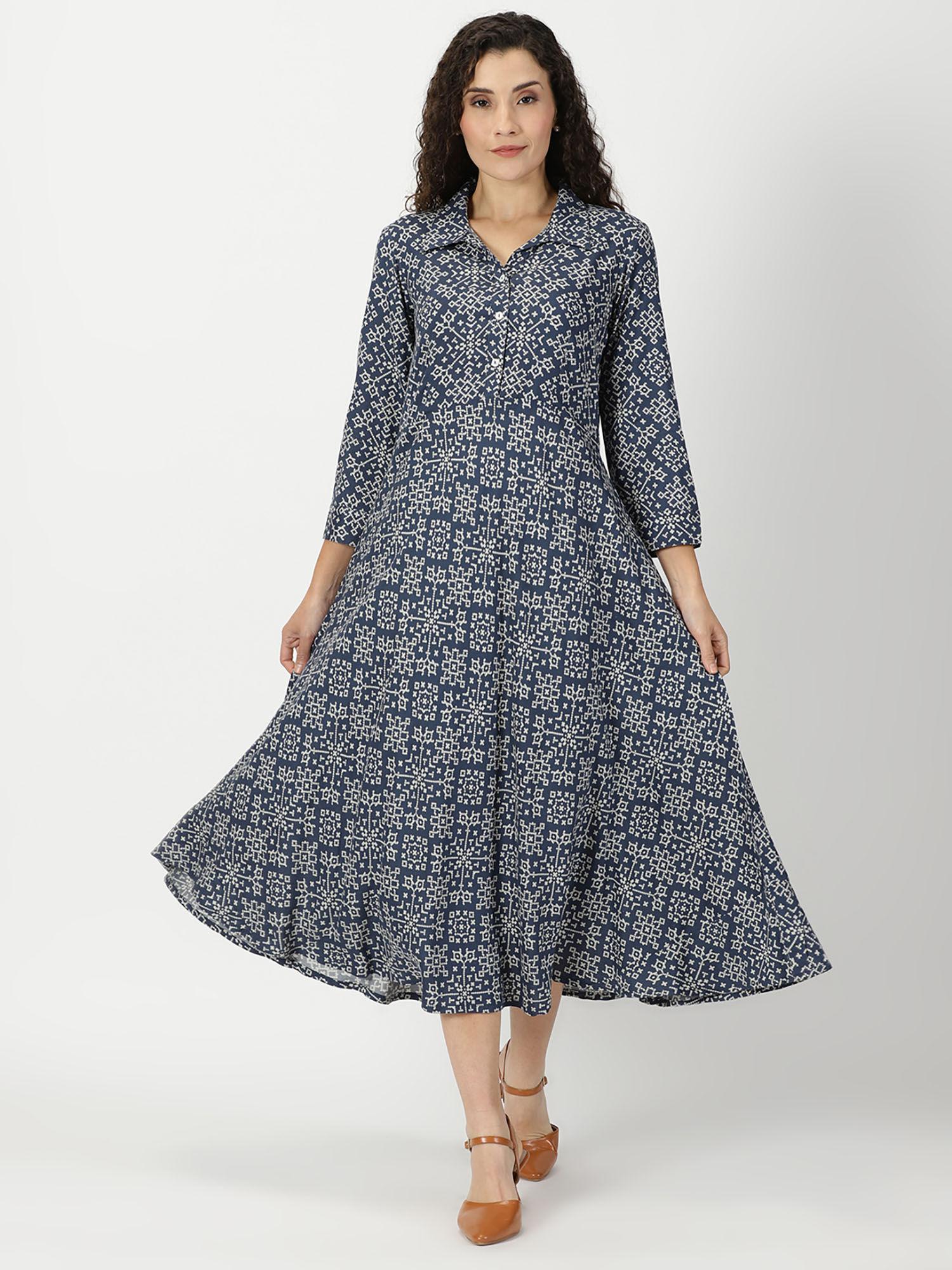 navy blue patola print shirt collar midi dress