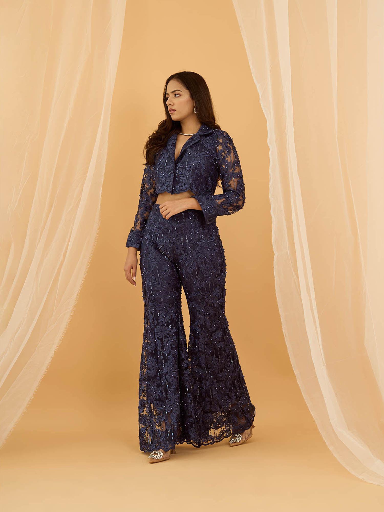 navy blue pearl top with pants co-ord (set of 2)