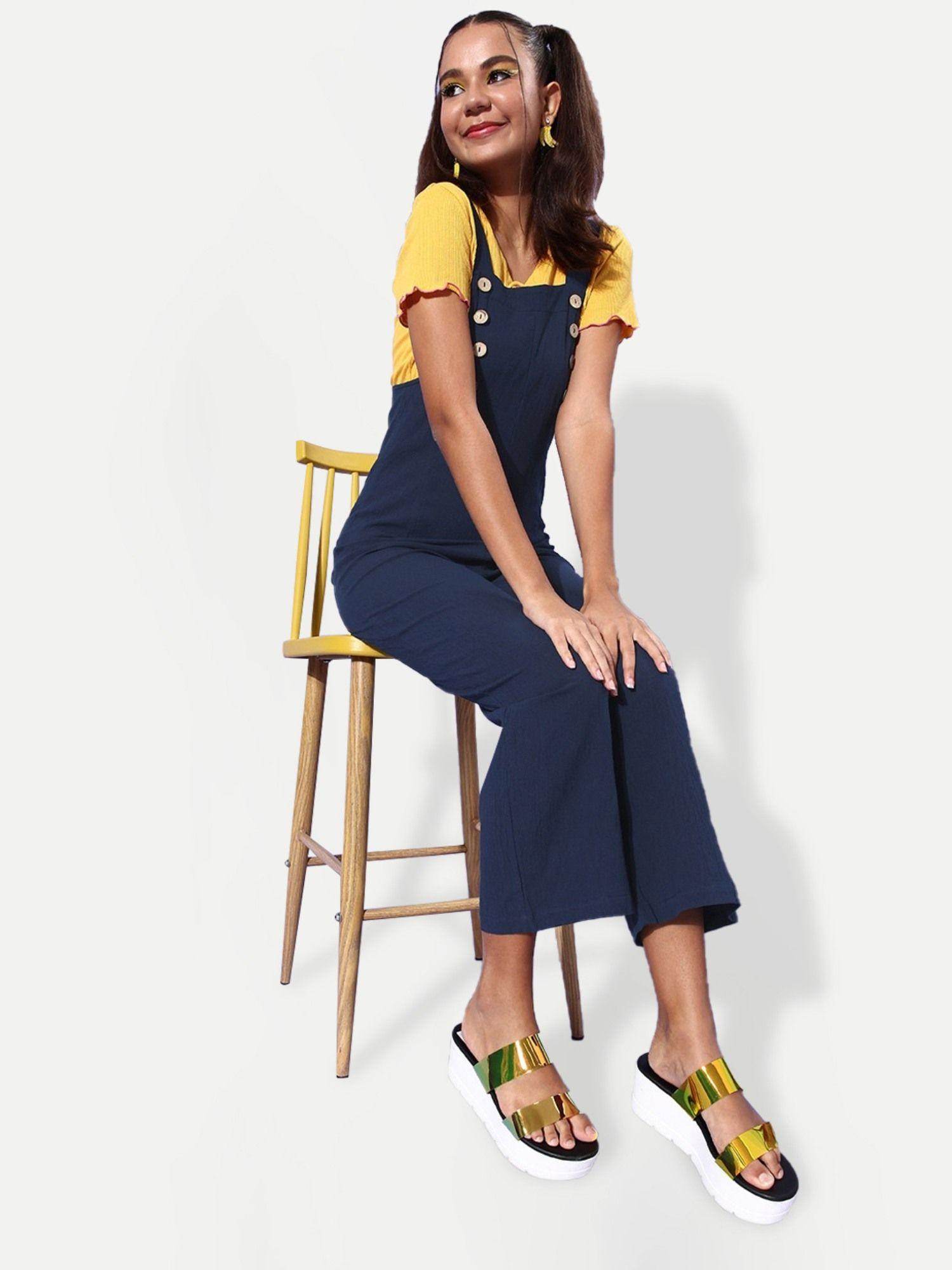 navy blue pinafore neck basic jumpsuit