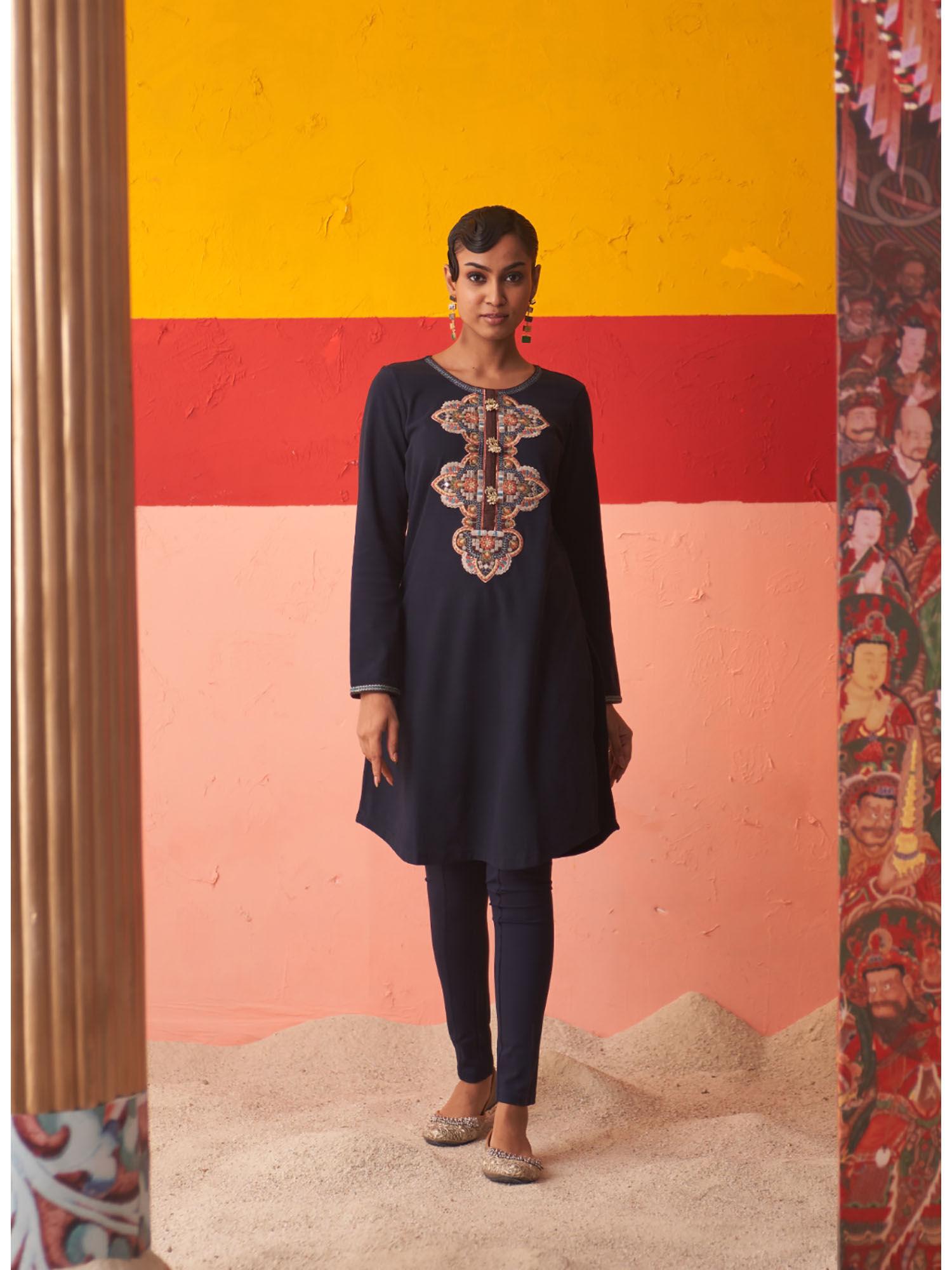 navy blue pink thread work woollen kurta for women with brooch