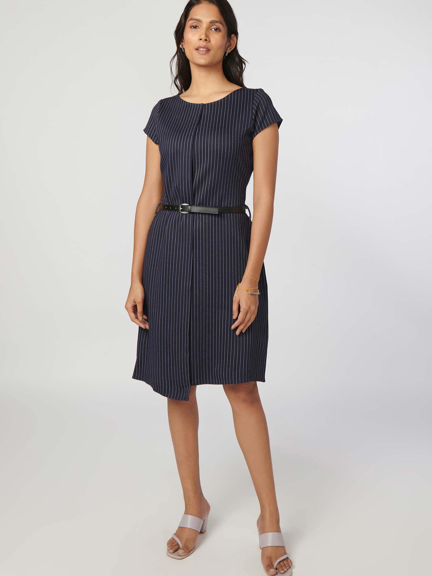 navy blue pinstripe dress