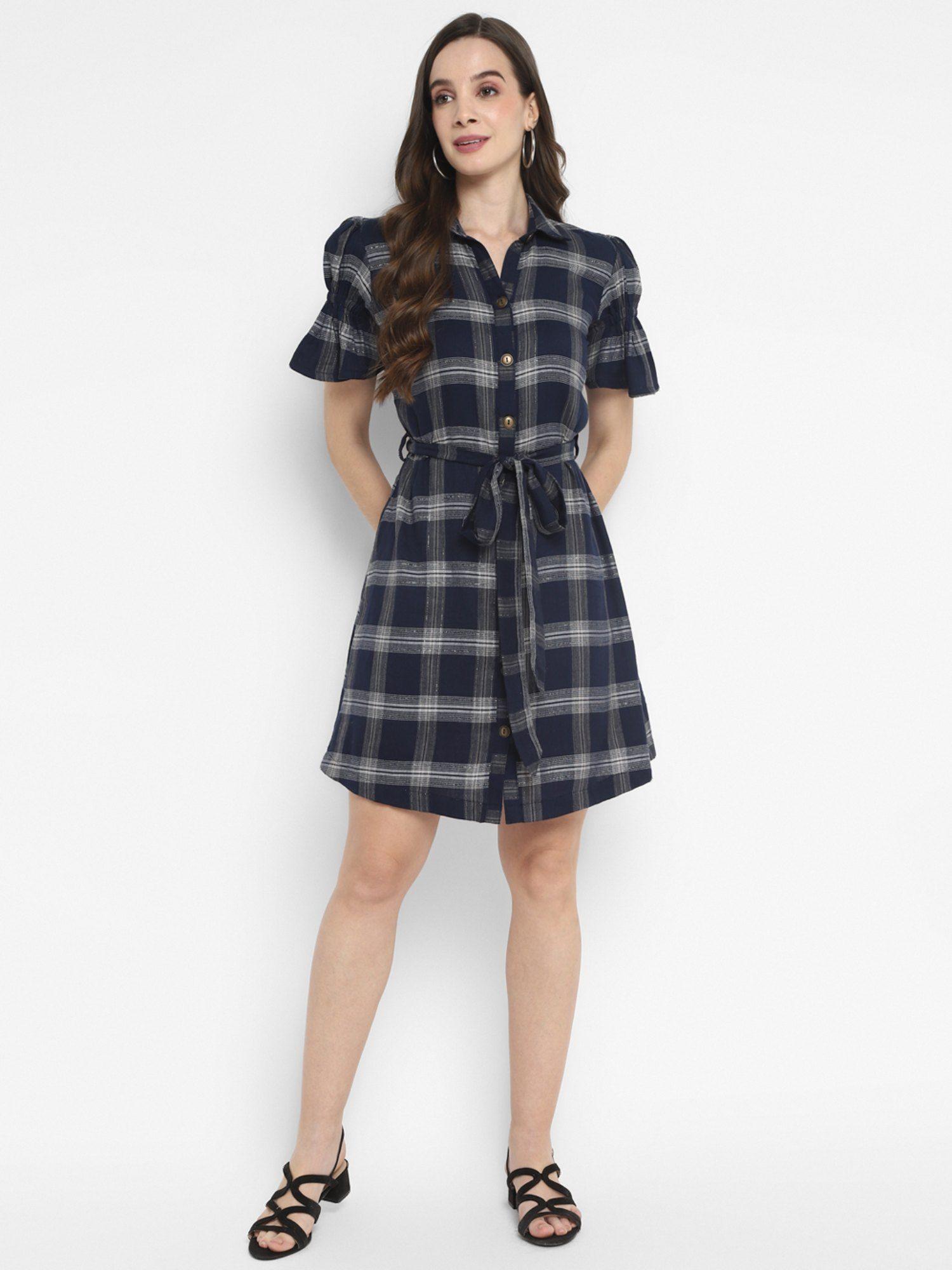 navy blue plaid checks yarn dyed cotton dress & belt (set of 2)