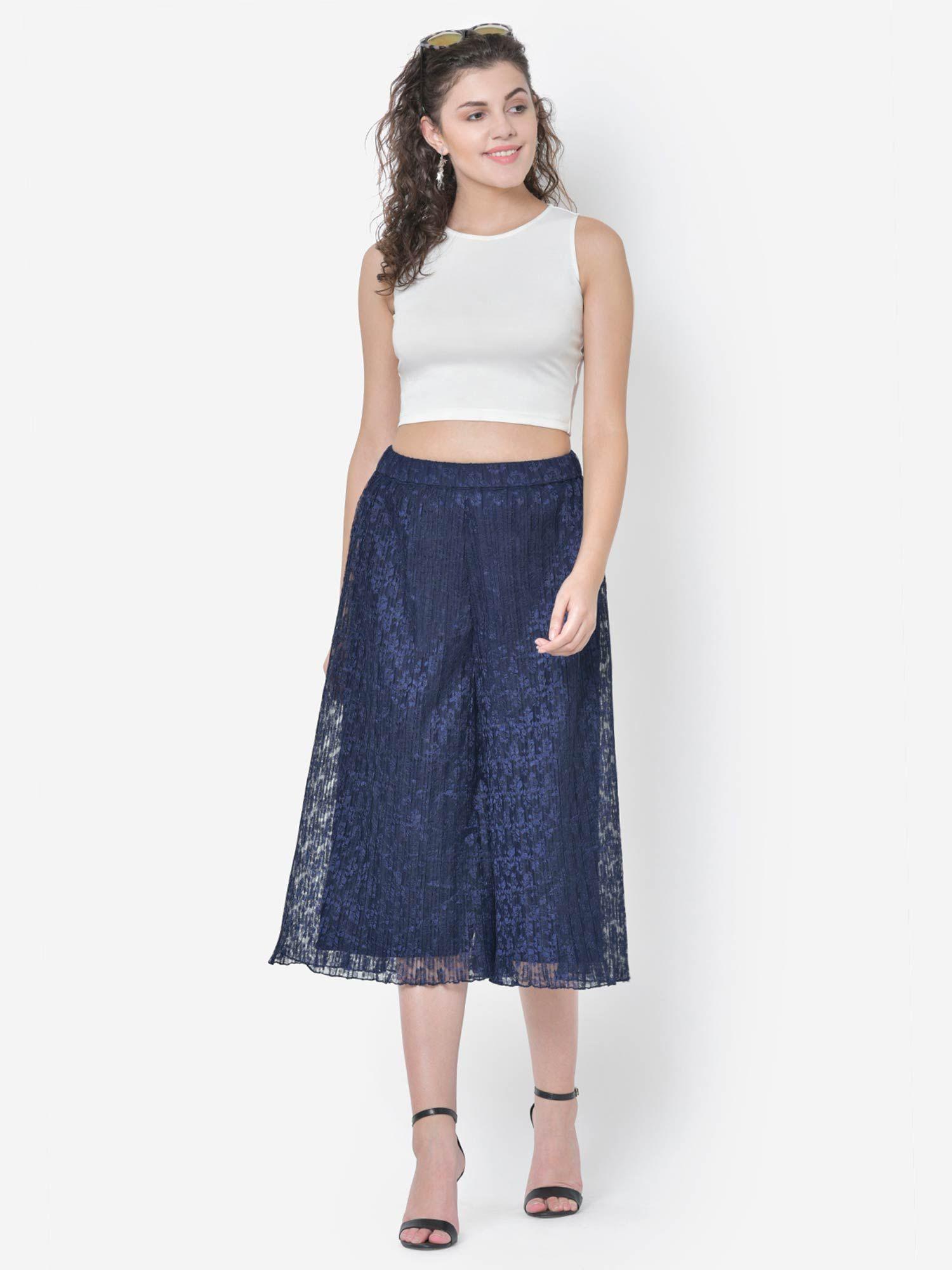 navy blue pleated flared culottes pant