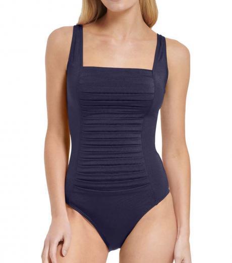 navy blue pleated one-piece swimsuit