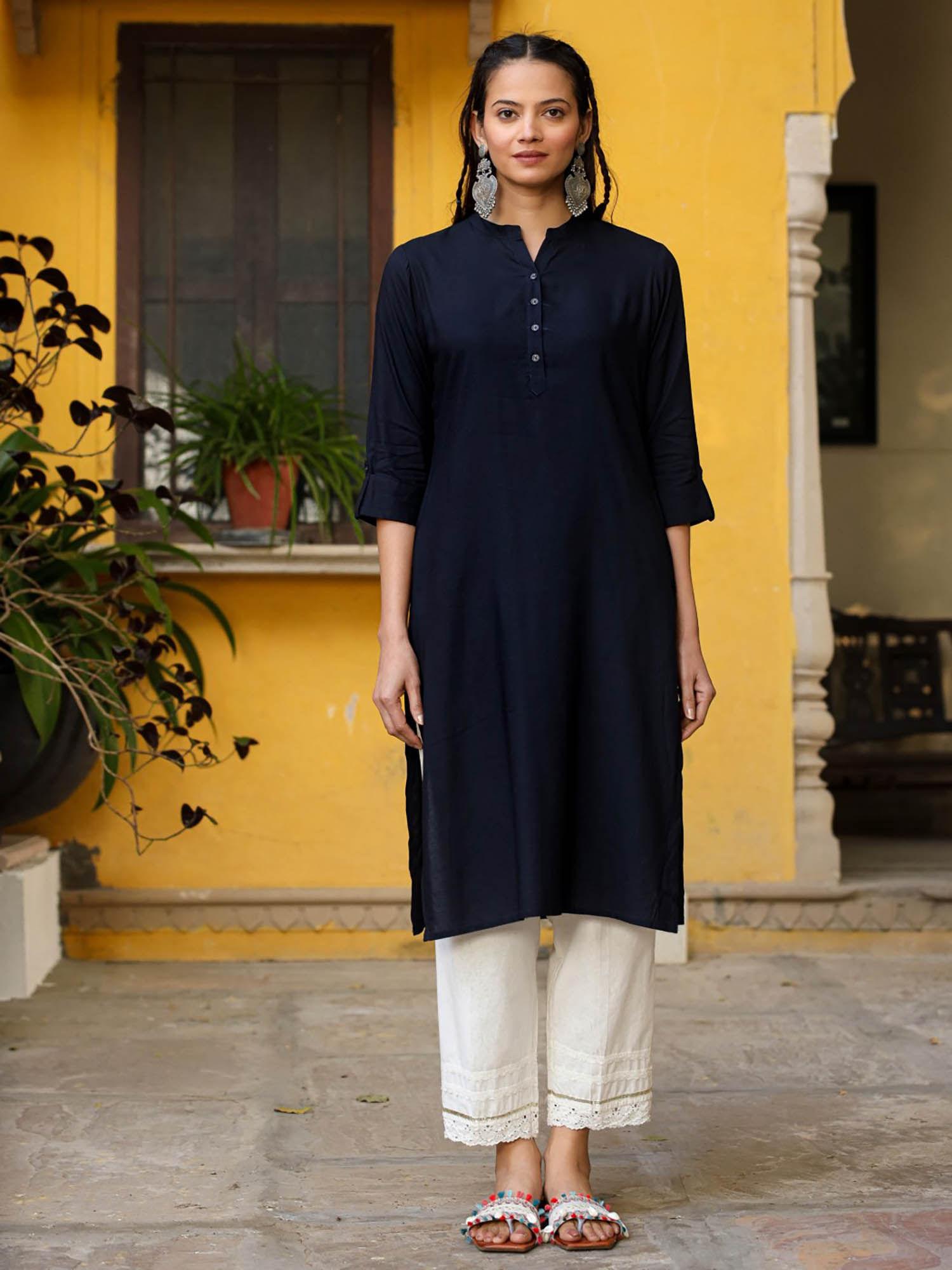 navy blue plus size straight kurta crafted with rayon fabric